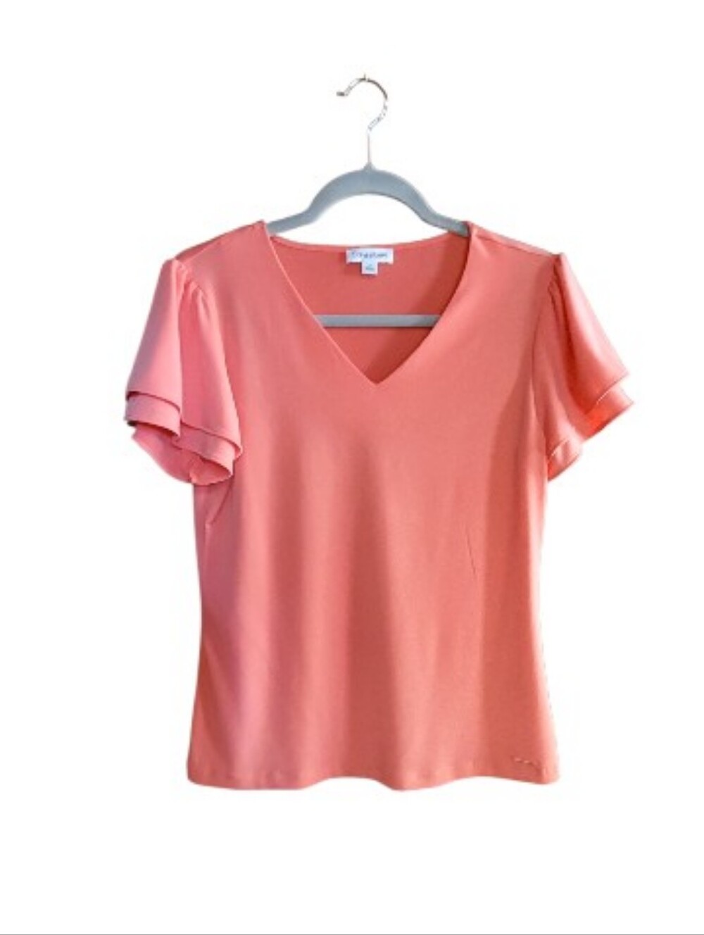 Calvin Klein Coral Flutter Sleeve V Neck Knit Top Small Like New